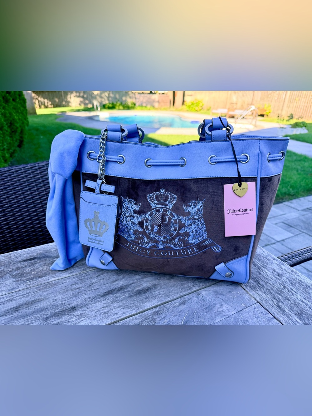 Juicy Couture Daydreamer Scotti Dogs Tote Bag Chocolate & Belair Blue NWT
